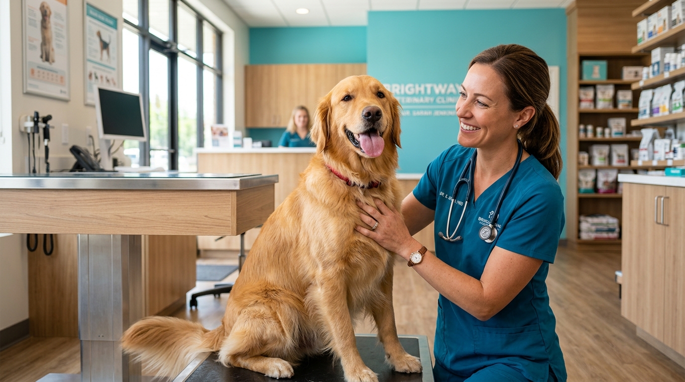 Médica veterinária realizando atendimento clínico humanizado em cão na VetCare Clínica Veterinária em Itu