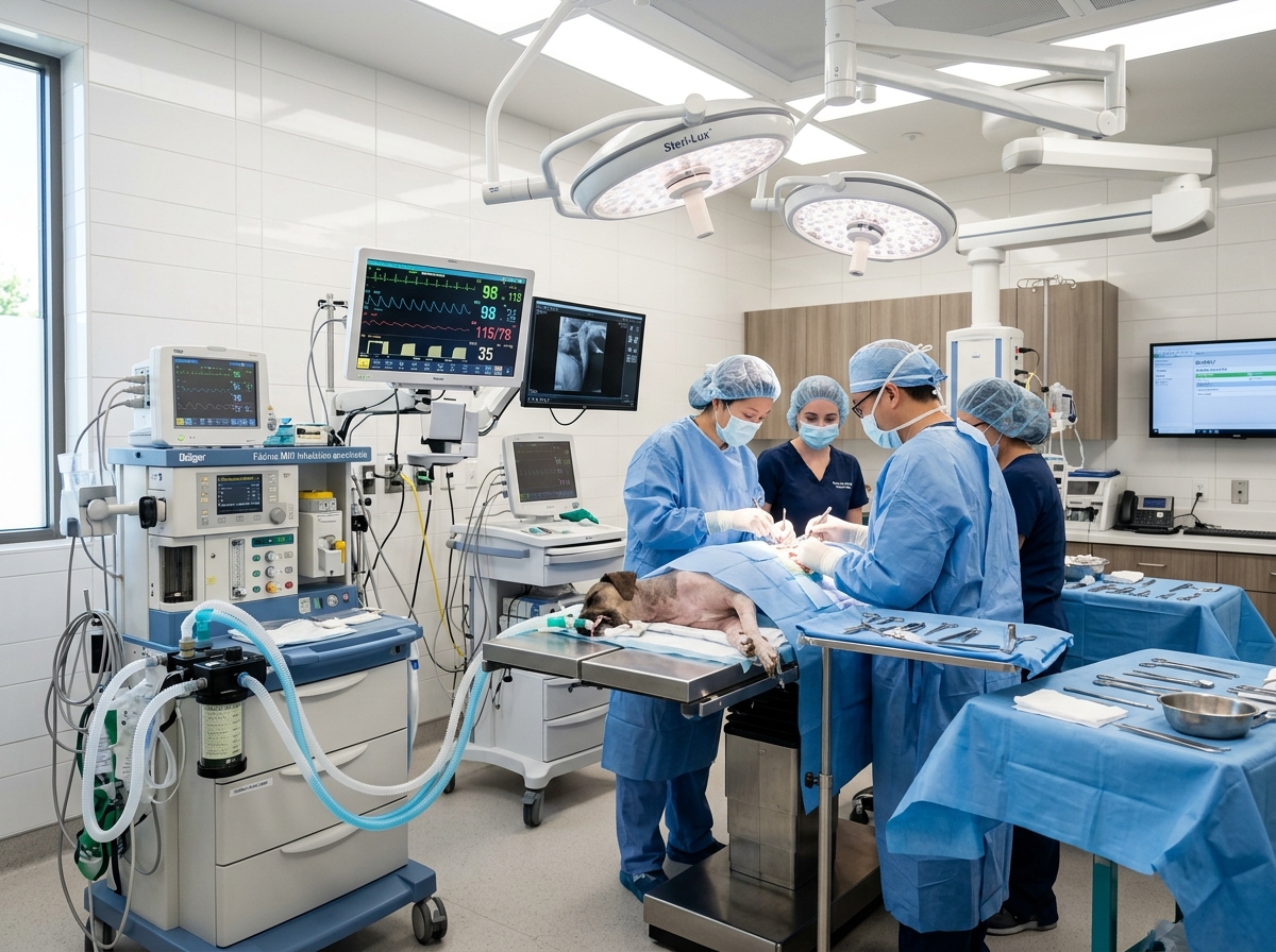 Centro cirúrgico veterinário moderno com anestesia inalatória na VetCare em Itu