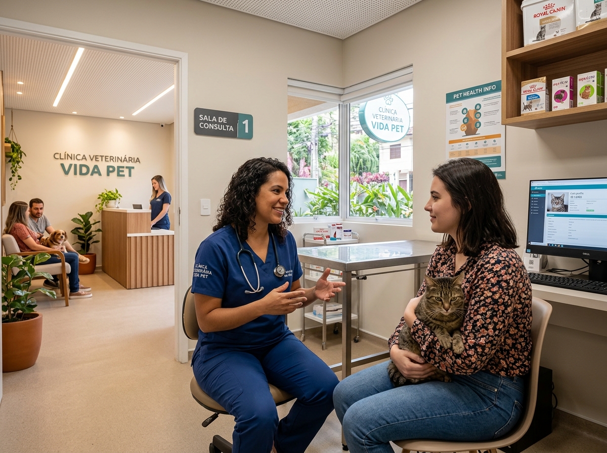 Ambiente de consultório moderno e acolhedor da VetCare Clínica Veterinária na Avenida Itu